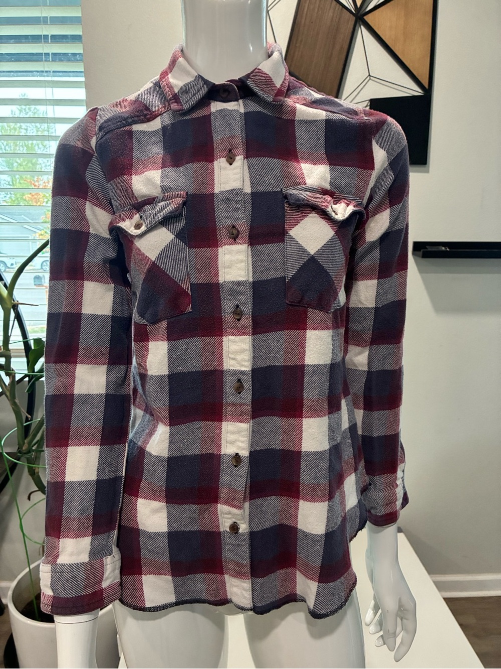 RVCA Women's Burgundy, Navy & White Plaid Button-Down Shirt